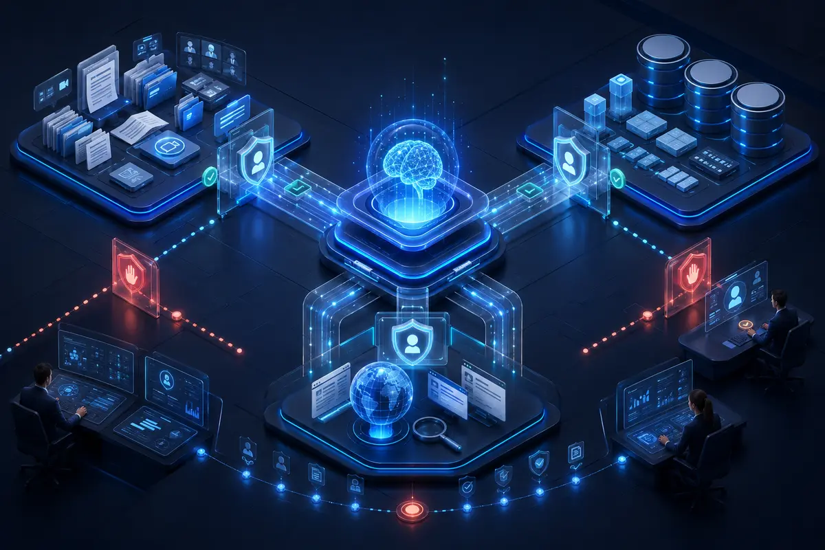 Architecture de décision reliant utilisateurs, données Microsoft 365, applications métiers et assistants IA