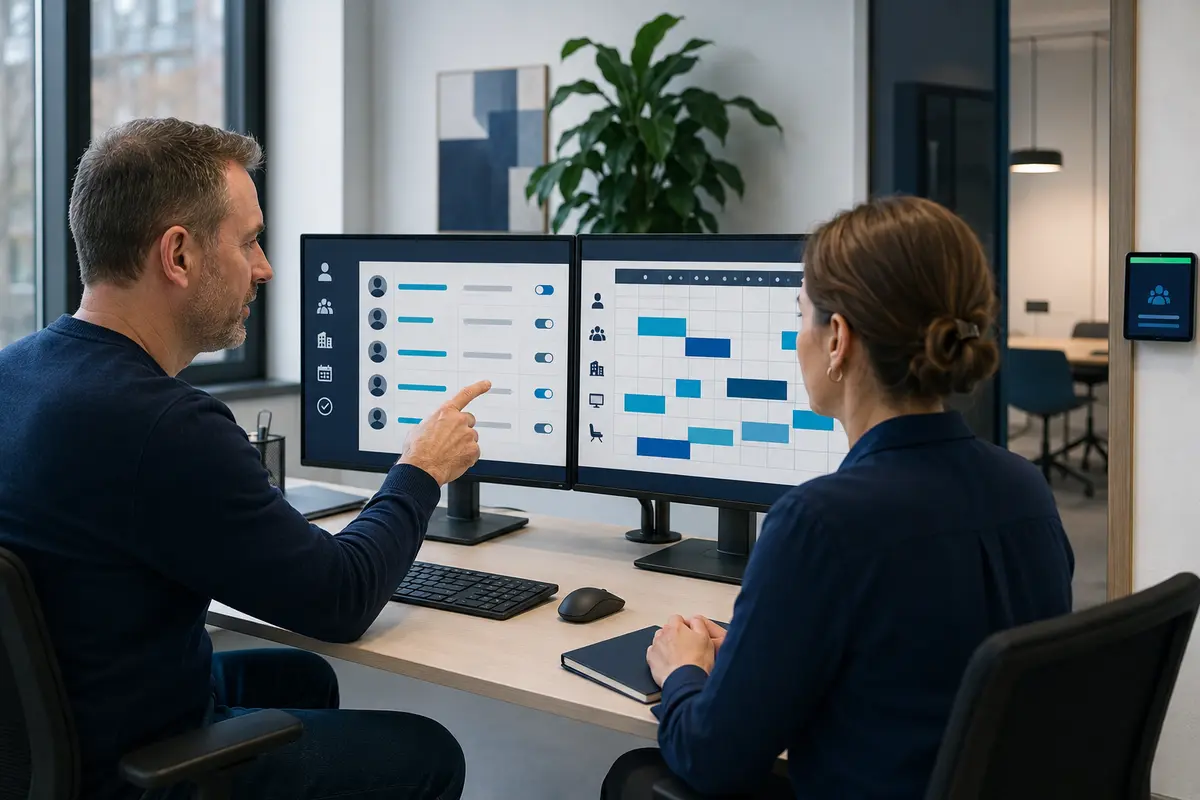 Administrateur IT et coordinatrice configurant les droits de calendriers partagés dans Microsoft 365
