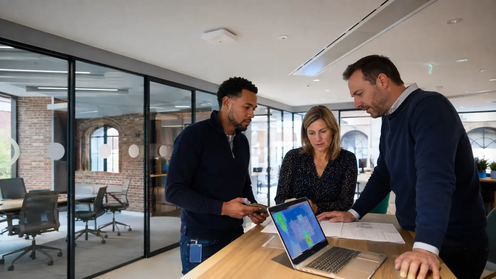 Équipe IT comparant un déploiement Wi-Fi 7 et Wi-Fi 6E dans des bureaux belges