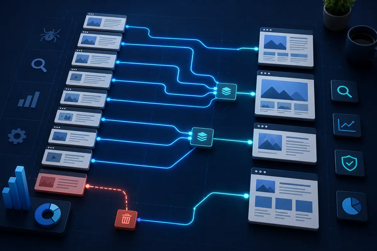 Cartographie visuelle reliant anciennes URL, nouveaux contenus et redirections SEO