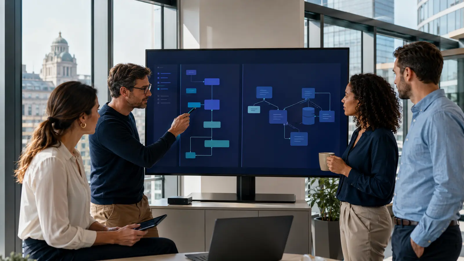 Équipe belge comparant un processus Power Apps et une architecture d’application web sur mesure
