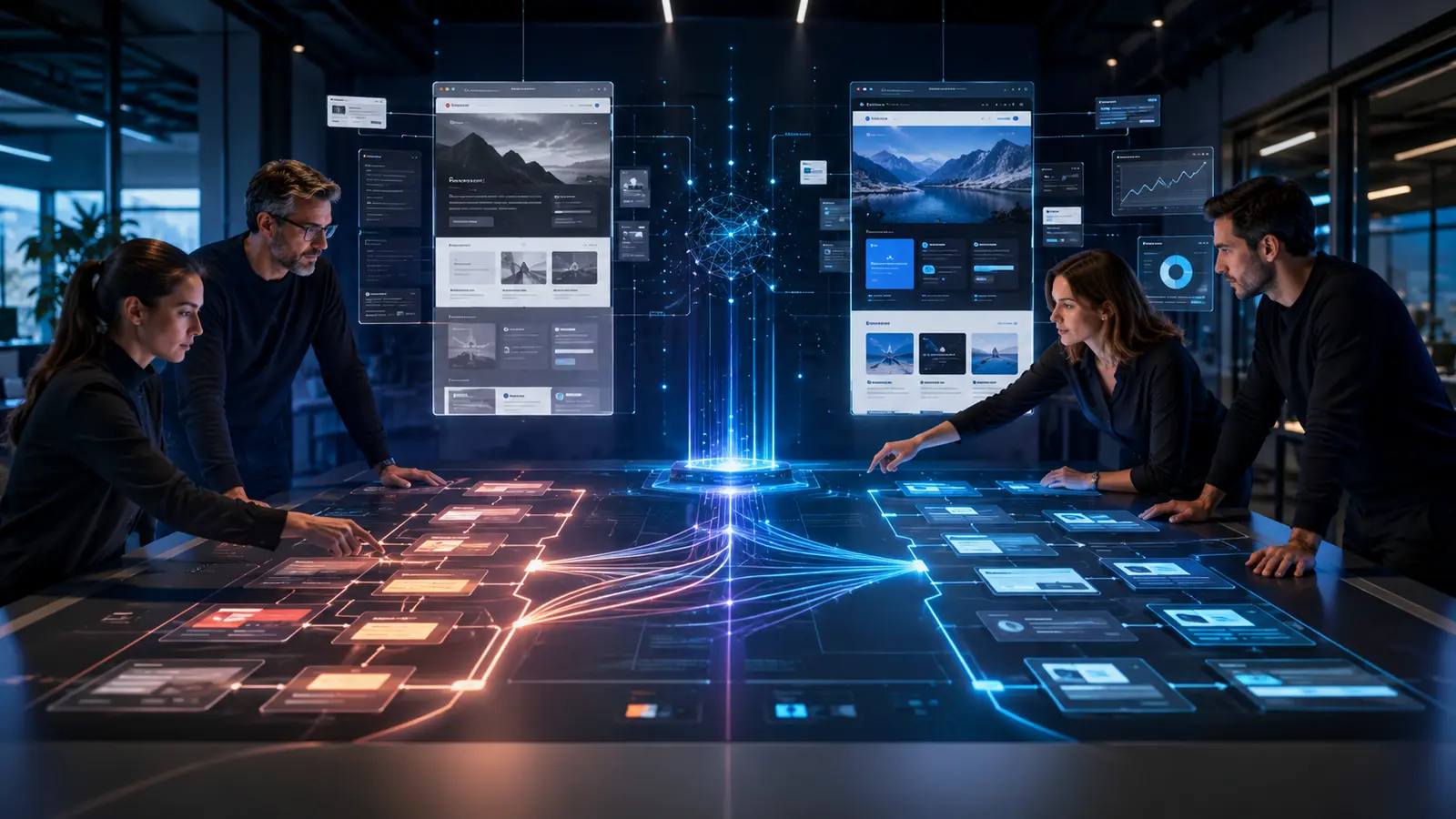 Équipe préparant la refonte d’un site web avec cartes de pages, données SEO et interface responsive