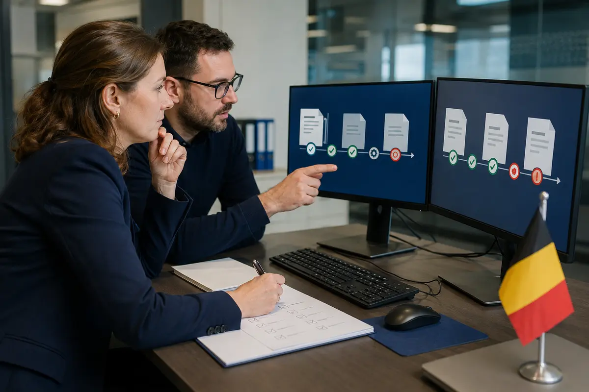 Spécialistes finance et IT vérifiant des factures électroniques avant une bascule Peppol