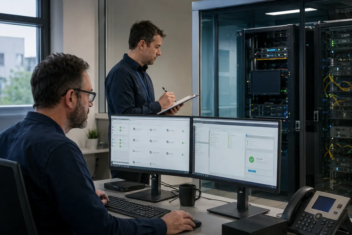 Techniciens validant une restauration dans un environnement informatique isolé