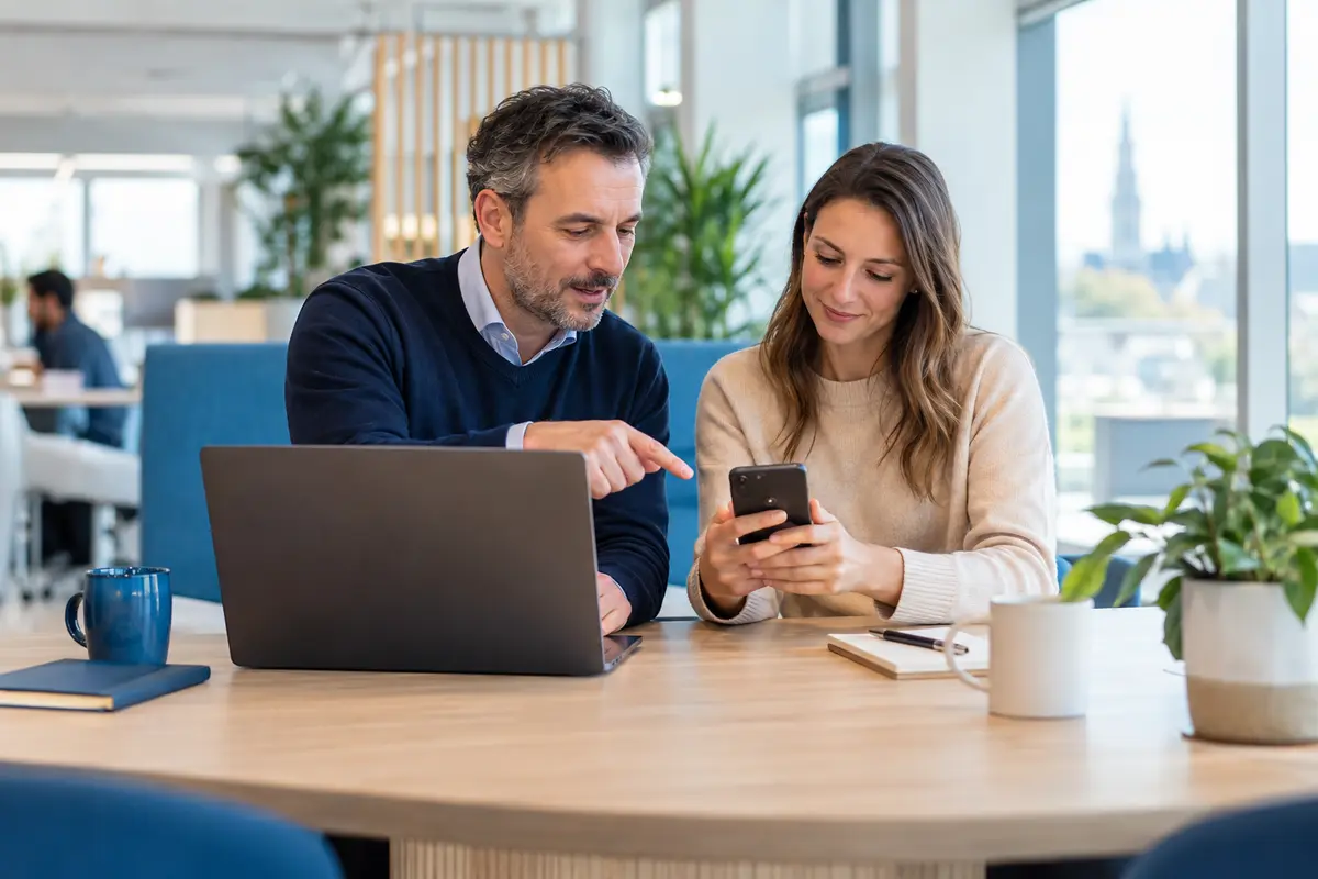 Spécialiste IT accompagnant une collaboratrice lors de l’inscription sécurisée d’un téléphone personnel