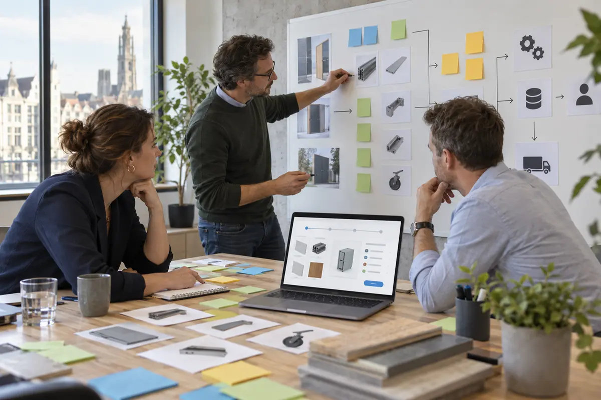 Équipe commerciale et technique cartographiant les règles d’un configurateur de devis