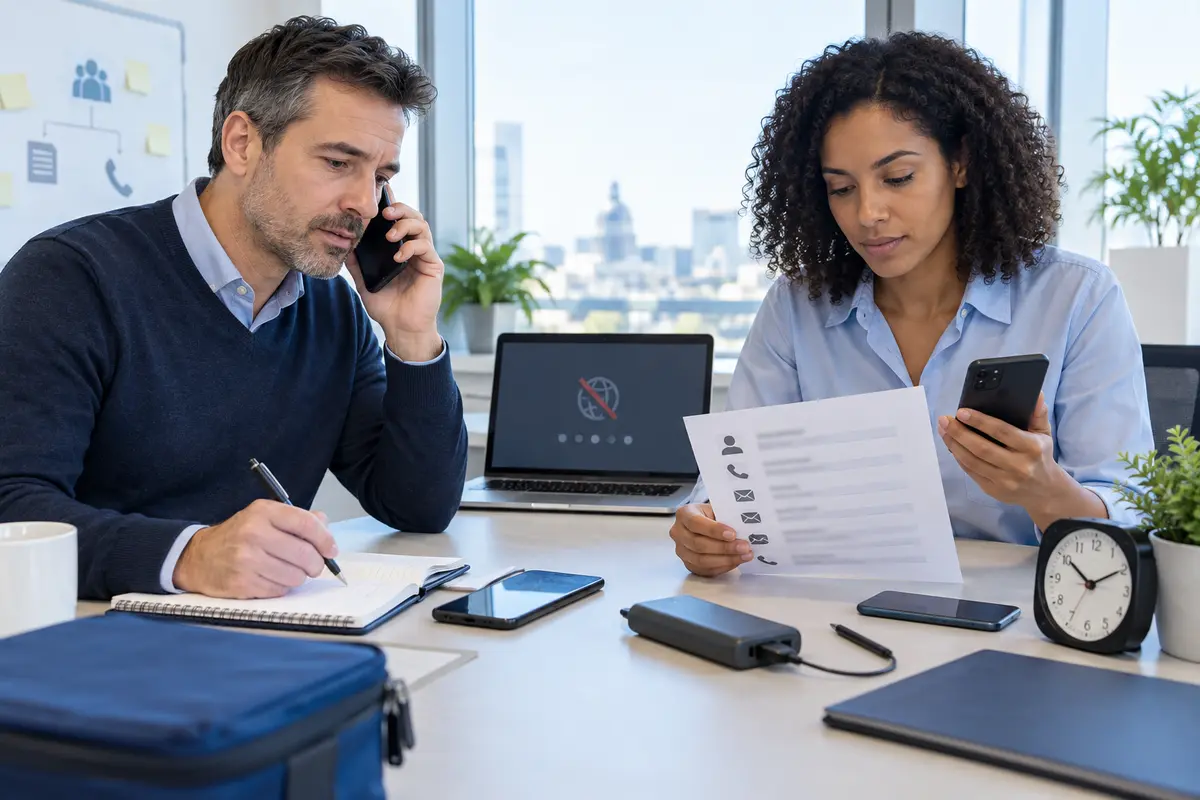 Collaborateurs utilisant des téléphones et une liste de contacts hors ligne pendant une panne