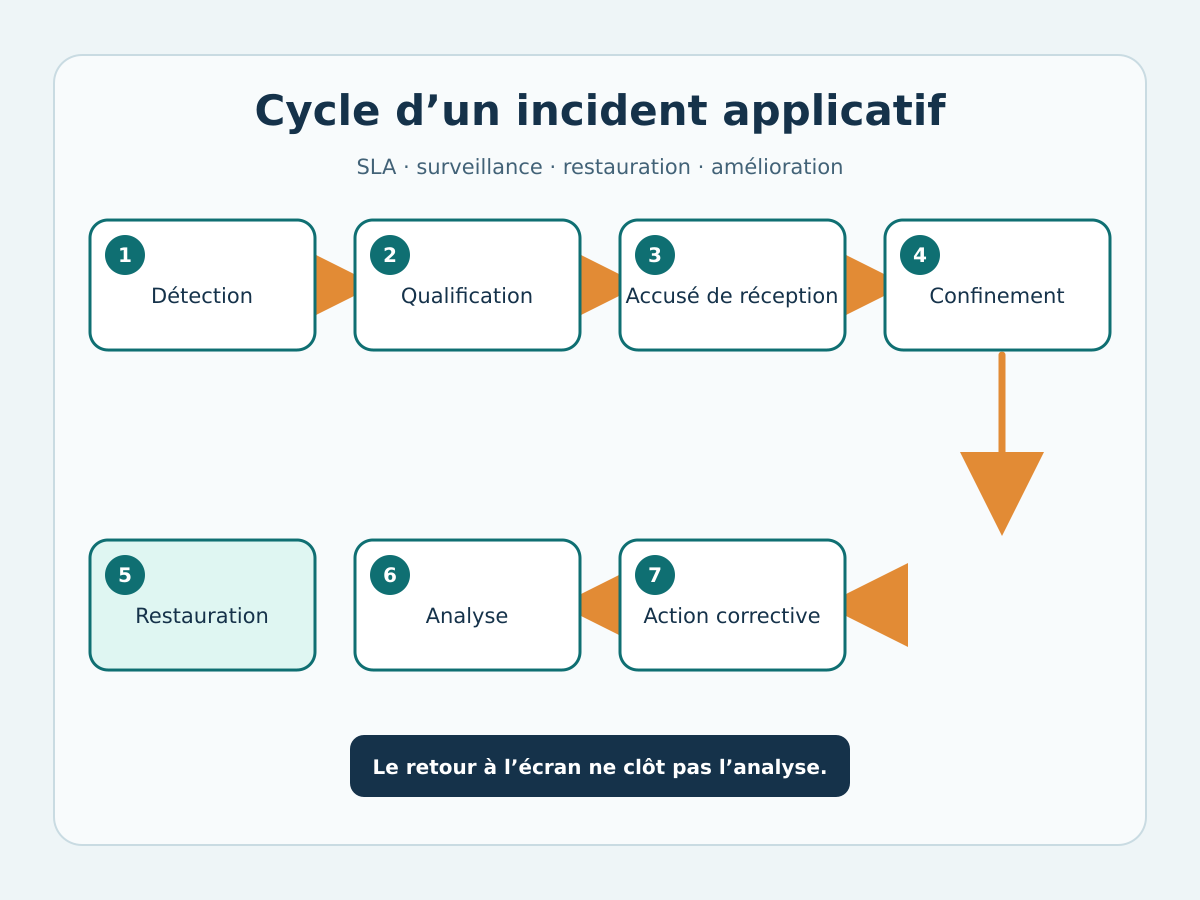 Cycle d'incident en français, de la détection à l'action corrective
