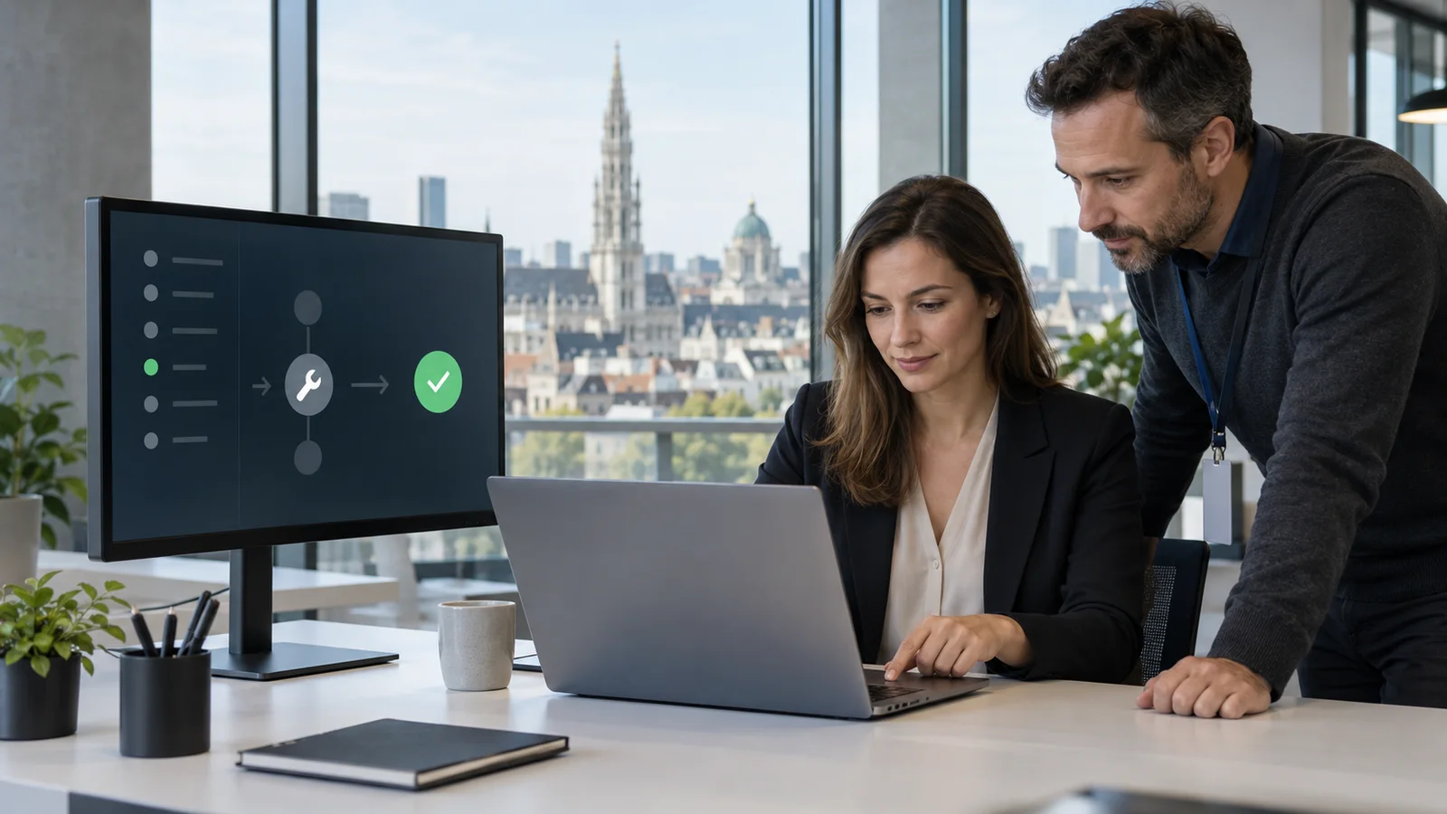 Équipe informatique belge définissant une politique de droits administrateur local sur des postes Windows