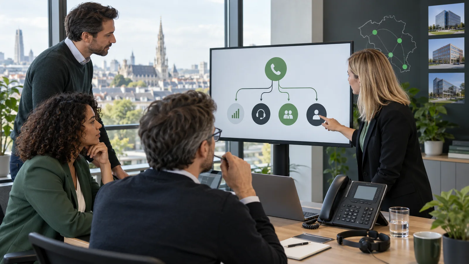 Équipe belge comparant plusieurs parcours de routage téléphonique