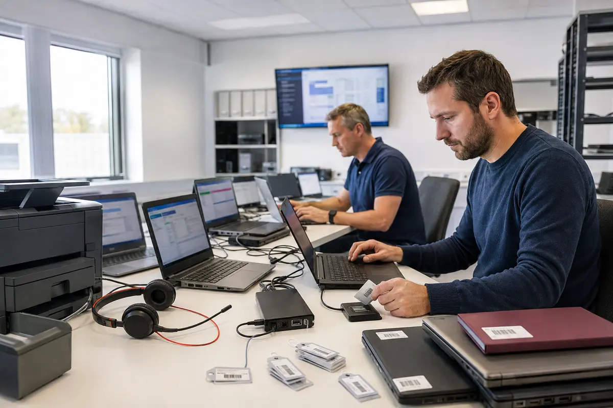Techniciens testant des logiciels et périphériques professionnels avant une migration Windows 11