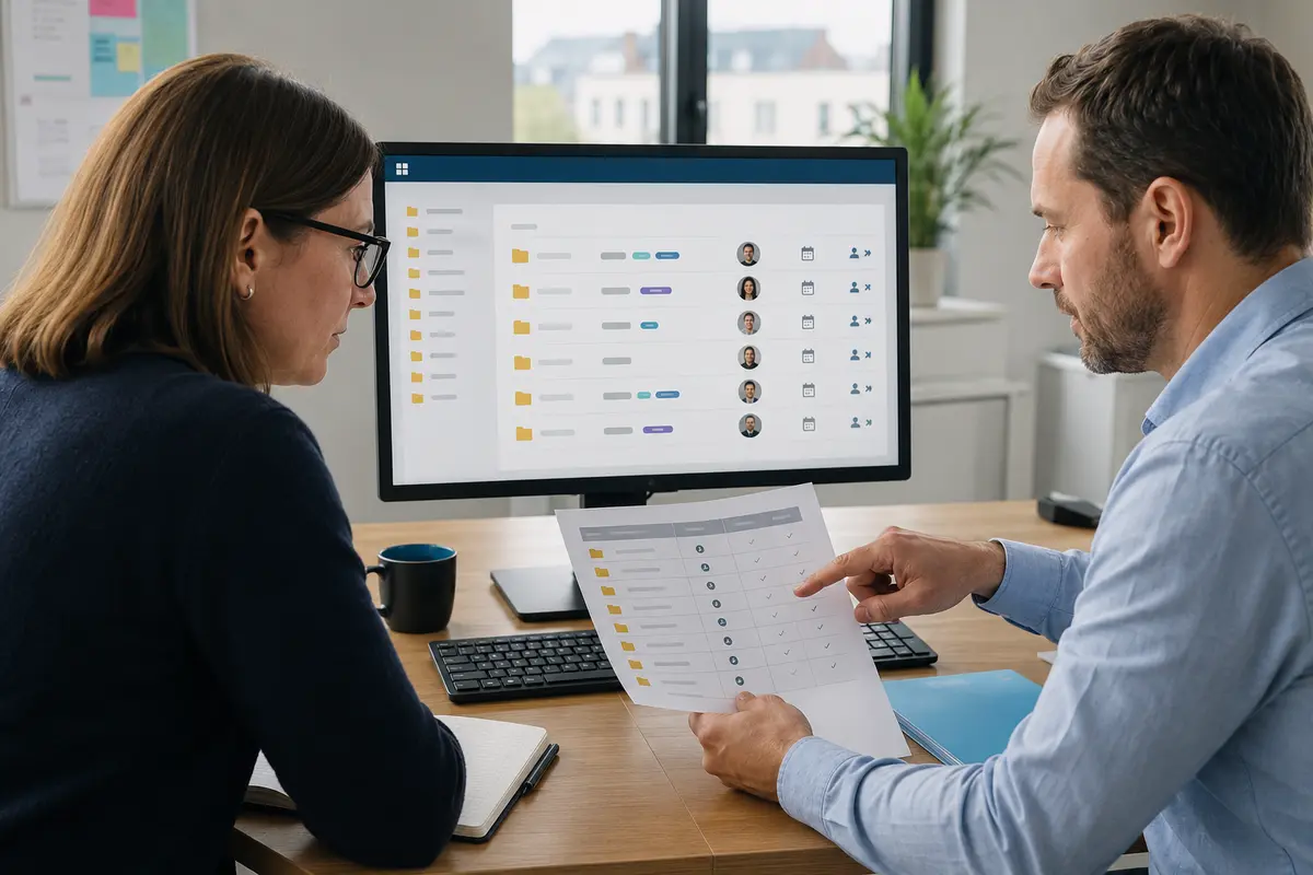 Responsable de contenu et administrateur IT révisant les métadonnées, propriétaires et droits de documents SharePoint