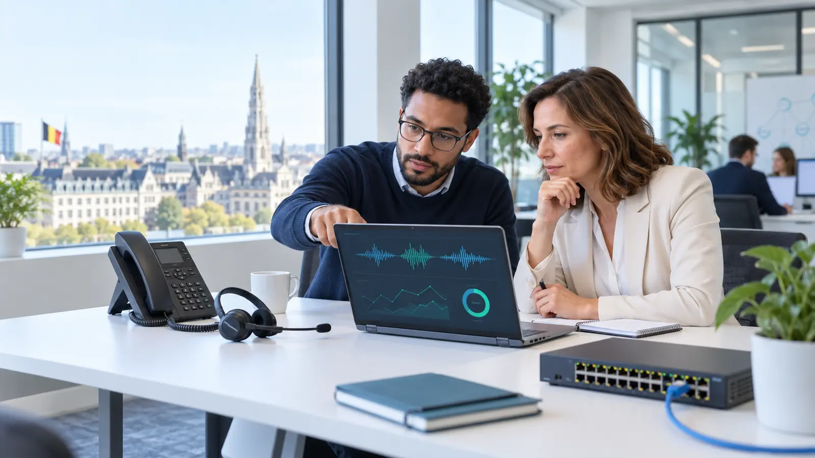 Technicien et responsable belge analysant la qualité d’un appel VoIP dans un bureau