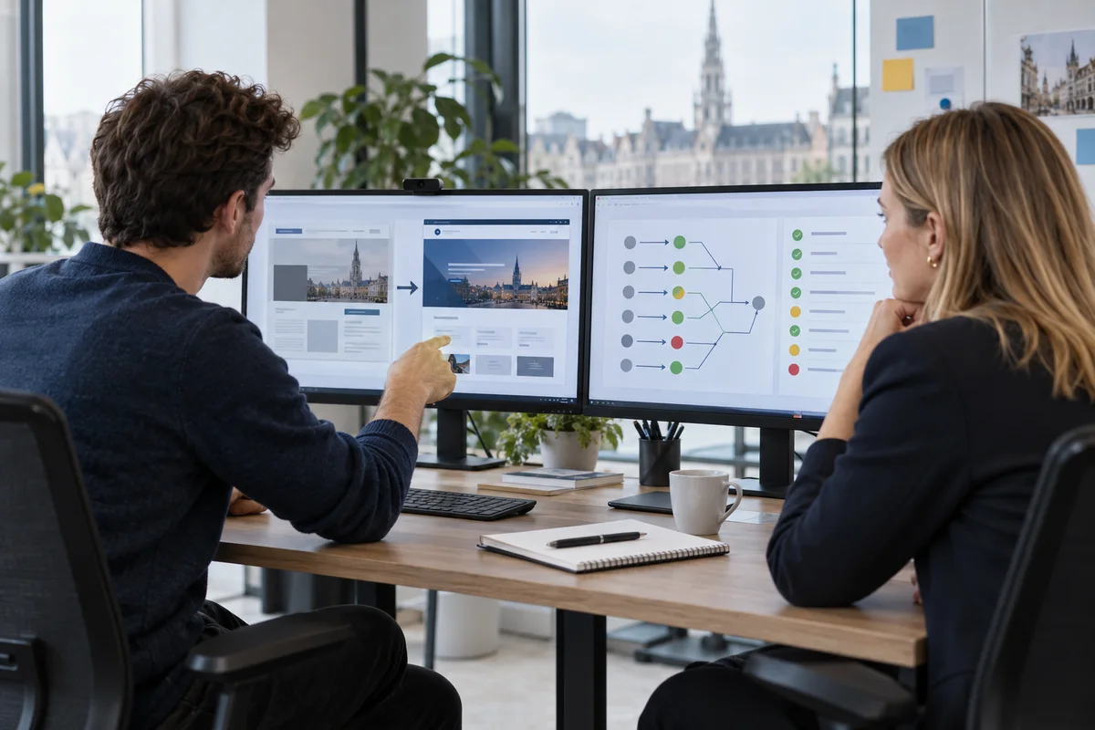 Développeur et responsable marketing validant une refonte et ses redirections avant la mise en ligne