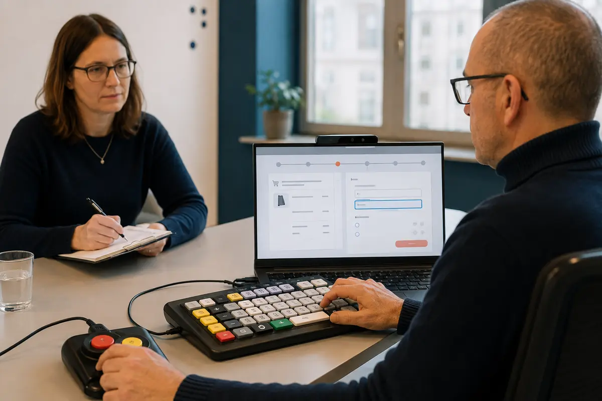 Personne utilisant un clavier adapté pour tester un paiement en ligne pendant qu’une chercheuse observe