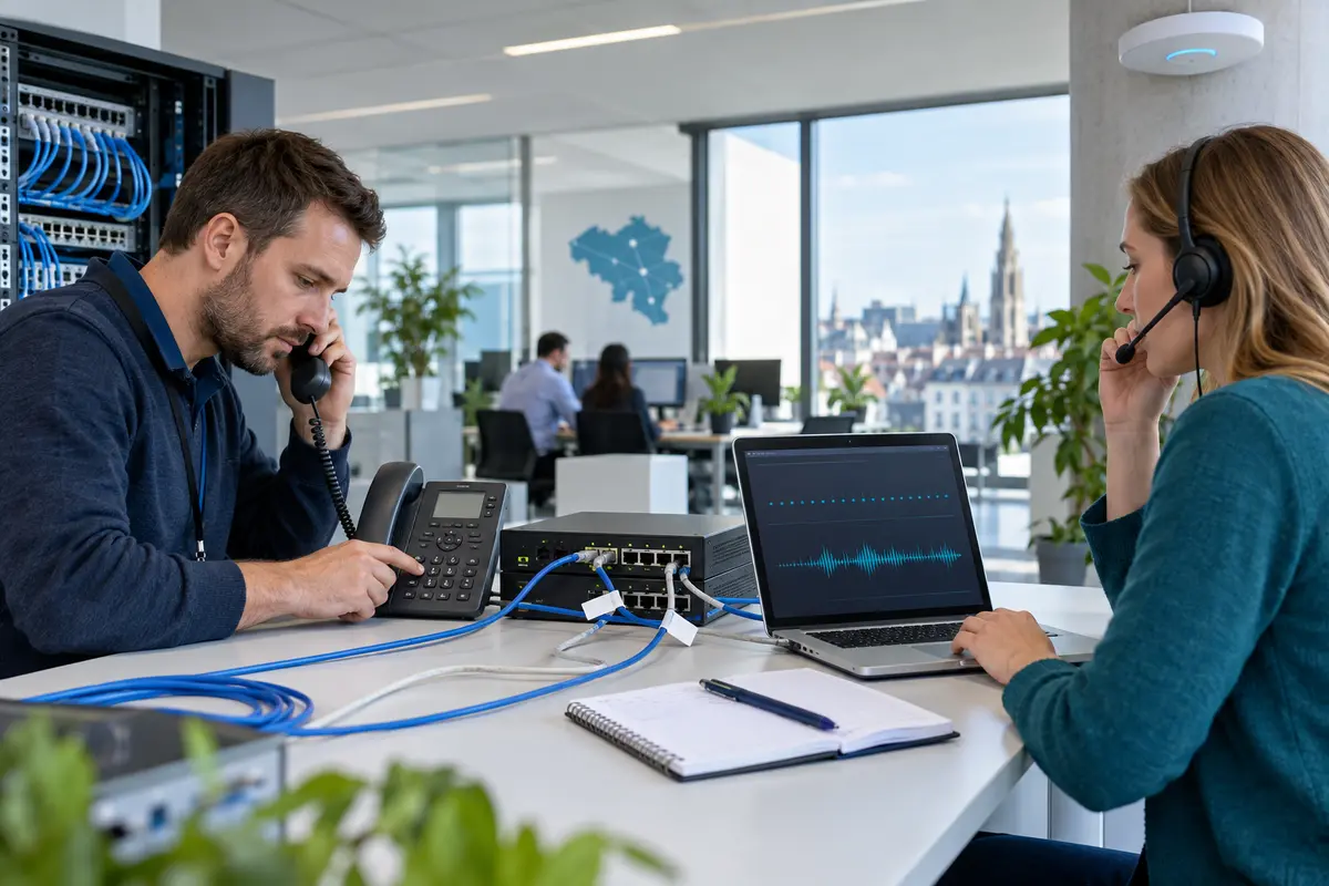 Techniciens comparant un téléphone IP câblé et un softphone en Wi-Fi