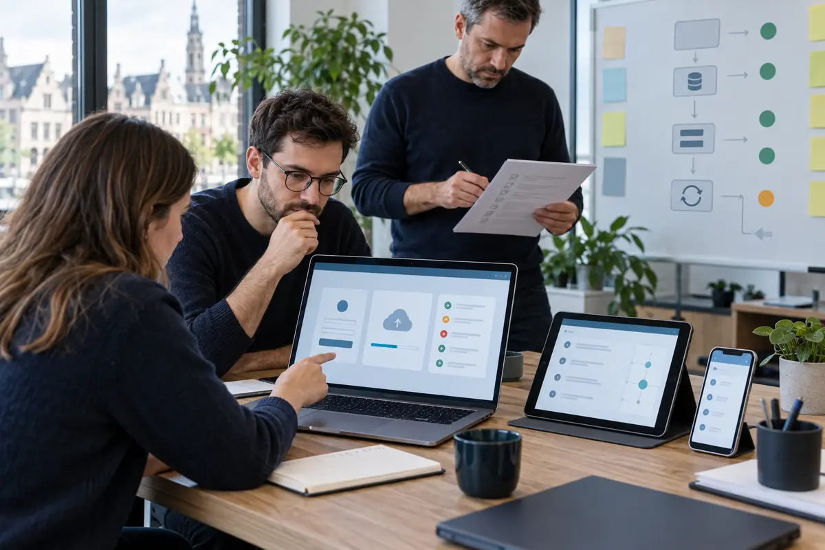 Responsable produit, développeur et spécialiste IT testant une application sur ordinateur, tablette et smartphone