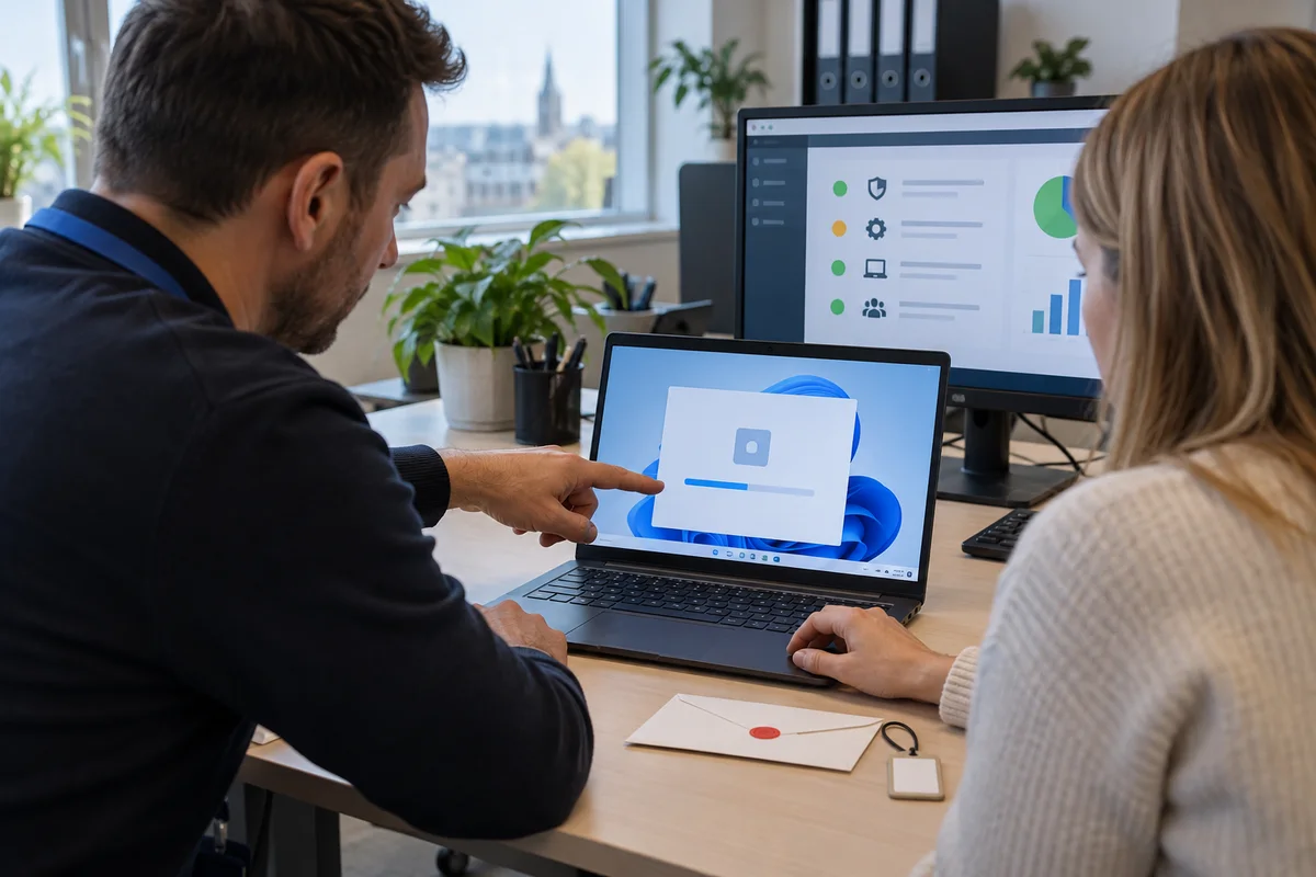 Technicien support et collaboratrice testant une élévation temporaire pour une application Windows approuvée