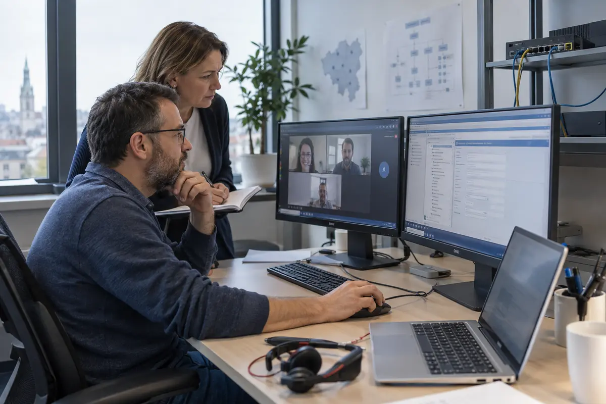 Administrateur IT et responsable métier testant une application, la visioconférence et les périphériques sur un poste distant