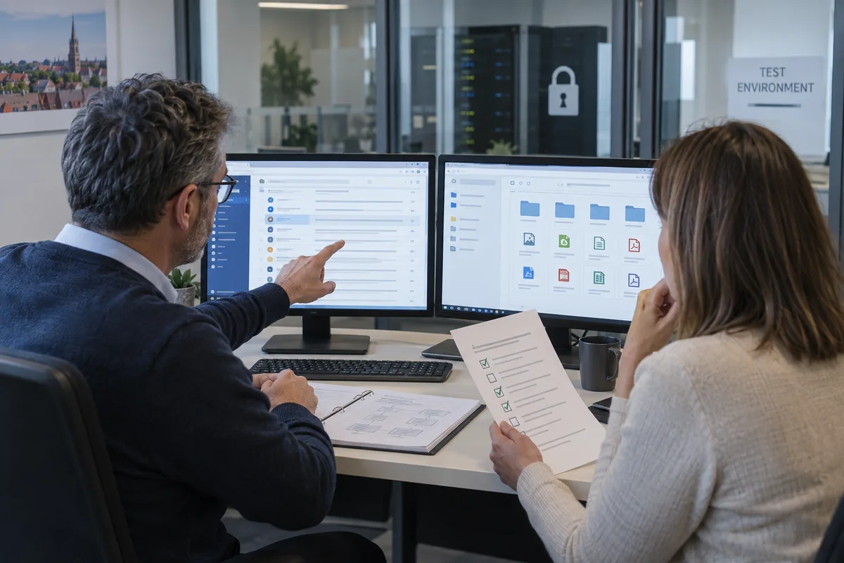 Administrateur et responsable métier validant des e-mails et documents restaurés dans un environnement de test